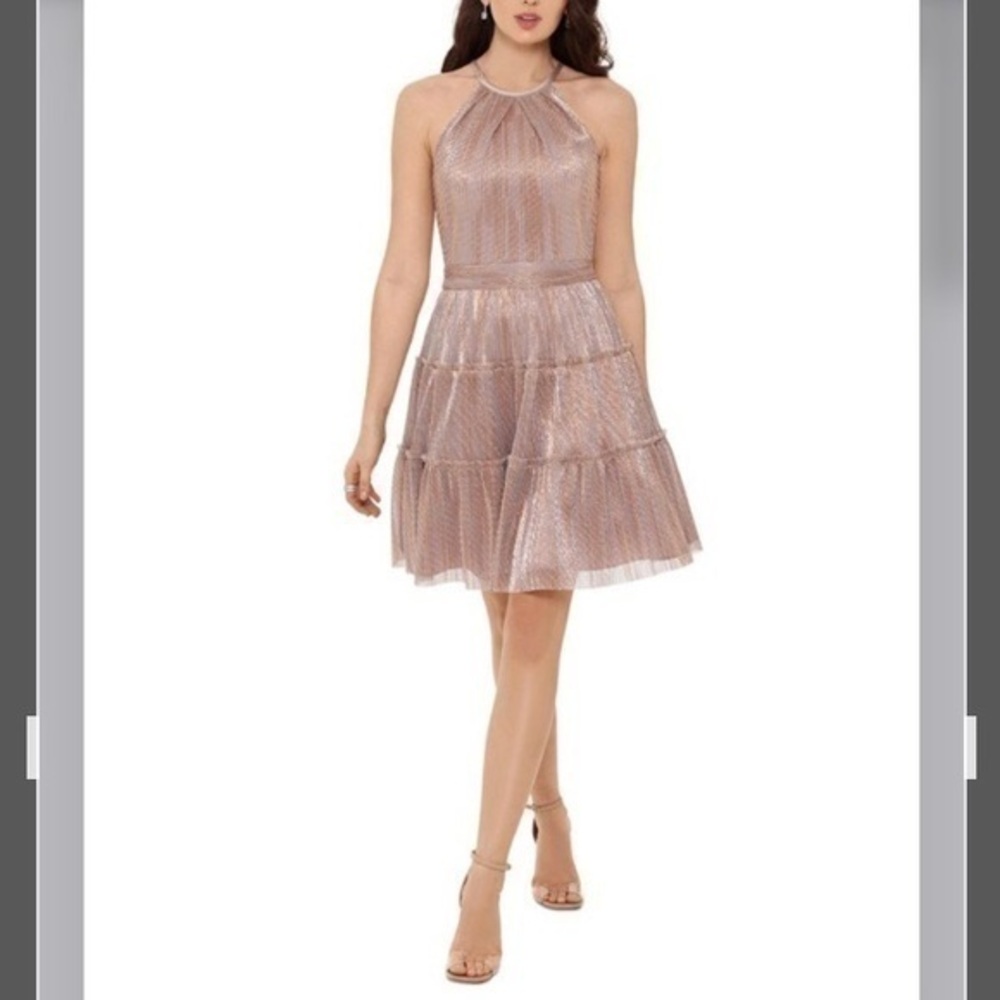 XSCAPE METALLIC Halter Neckline Fit and Flare TIERED SKIRT DRESS in Blush Size 8